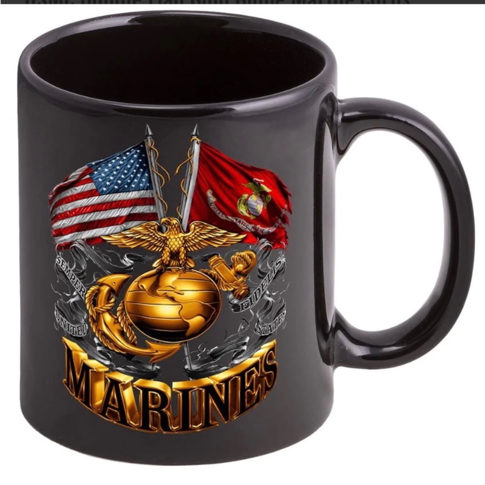 USMC Double flag Stoneware BLACK coffee mug